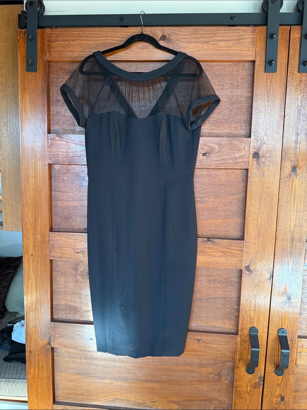 Maggy London Black Mesh Yoke Midi Sheath Dress
